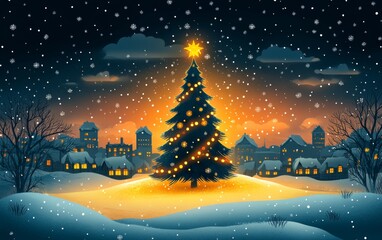 Naklejka premium A serene winter scene featuring a decorated Christmas tree glowing in the snow, with a quaint village in the background.