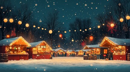 A snowy evening at a festive market, adorned with twinkling lights and charming stalls, creating a magical holiday atmosphere.