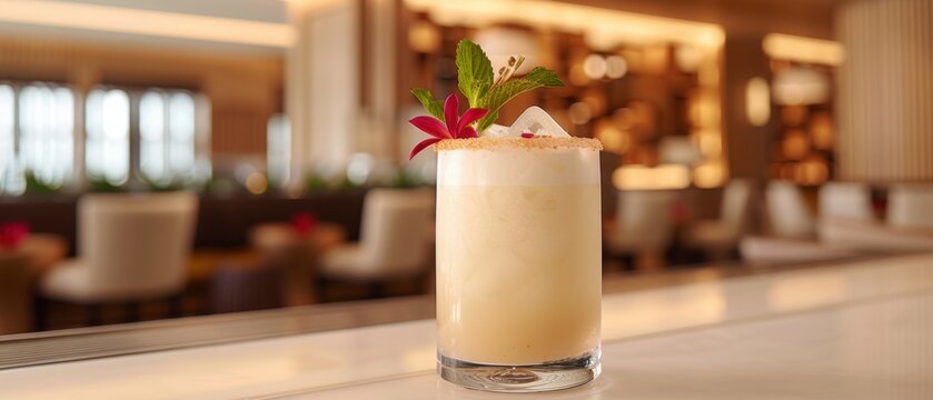 A refreshing tropical cocktail garnished with a flower and mint, served in a sophisticated bar setting.