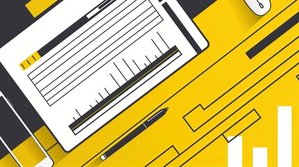 Yellow and Black Geometric Abstract Design with Office Supplies