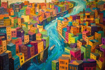 Obraz premium An aerial view of a vibrant cityscape with buildings painted in a rainbow of colors, nestled along a winding river that sparkles under the midday sun.