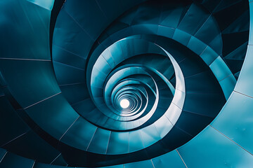 Fototapeta premium Abstract spiral staircase in blue and white, modern architecture, futuristic design, endless possibilities. 