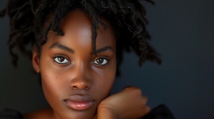 Beautiful black woman hand resting on chin, gazes intently at the camera with a angry expression 