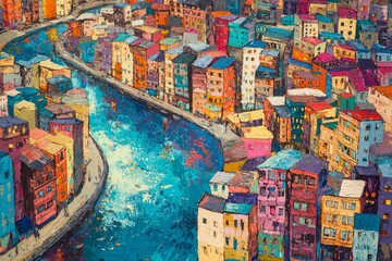 Obraz premium An aerial view of a vibrant cityscape with buildings painted in a rainbow of colors, nestled along a winding river that sparkles under the midday sun.