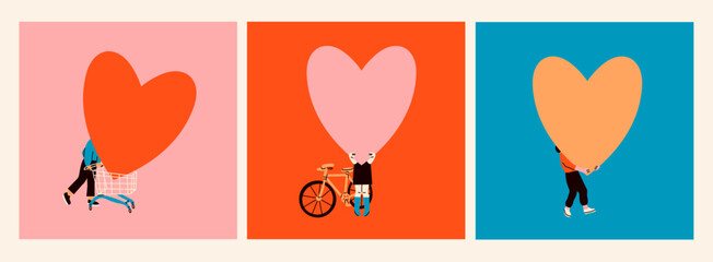 People hold big blank Hearts. Person stands with bicycle, carrying heart in shopping cart. Cartoon style. Hand drawn Vector illustration. Love, Valentine's day, romance concept. Isolated elements