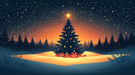 Naklejka premium A whimsical winter scene featuring a decorated Christmas tree surrounded by snow and presents, set against a starry sky.