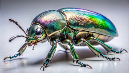 Fototapeta premium A solitary, metallic silver beetle with intricate details and delicate legs stands upright on a transparent background, showcasing its iridescent sheen and natural beauty.