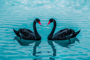 Obraz premium Two black swans with red beaks swimming in turquoise water, creating a heart shape.