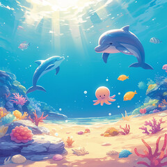 children's illustration, underwater world, dolphins, corals, fish