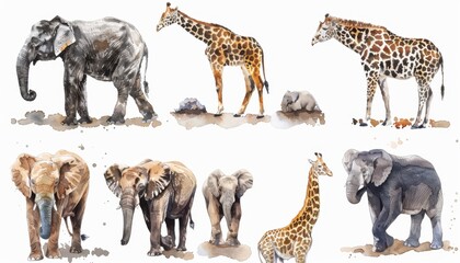 Colorful Watercolor Illustrations of Elephants and Giraffes in Natural Habitat