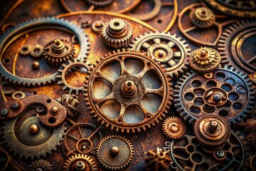 Intricate vintage gears and cogs in a mesmerizing macro shot, showcasing mechanical engineering excellence and steampunk charm with rusty textures and intricate details.