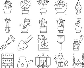 Potted Plant And Care Accessories Icons Set Vector. Sansevieria Trifasciata And Citrus Tree, Monstera Deliciosa And Buxus Sempervirens Potted Plant. Florarium Equipment Black Contour Illustrations