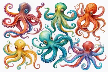 Vibrant, hand-drawn octopus illustration showcasing eight unique poses, each displaying remarkable flexibility and anatomical accuracy, perfect for educational and artistic projects.