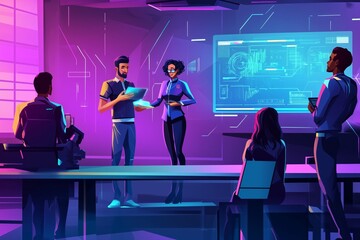 Vector Art of a small group of students engaging with a futuristic university professor in a modern classroom