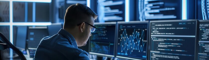 Senior IT security professional securing systems, modern cybersecurity lab, resilient defense techniques, copy space for text