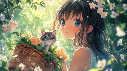 Anime girl with a basket of flowers and a kitten in a spring park