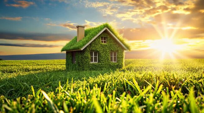 Eco-Friendly Grass-Covered House in Sunlit Field