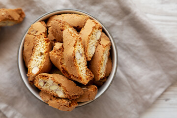 Homemade Almond Cantuccini Pastry in a Bowl, top view. Copy space.