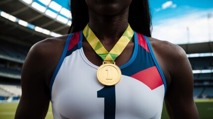 Gold medal with number 1 on chest of black woman in sportswear, stadium in background, concept of achievement and competition.