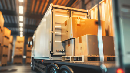 A white truck with brown boxes on a pallet in a warehouse, depicting the concept of logistics and delivery. 
