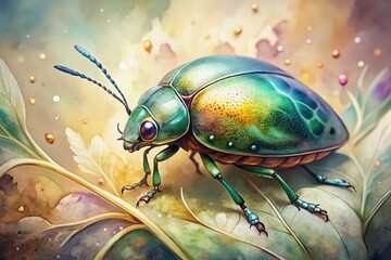 Fototapeta premium Delicate watercolor illustration of a vibrant tortoise beetle with intricate details, set against a soft, dreamy background with subtle texture and gentle color hues.