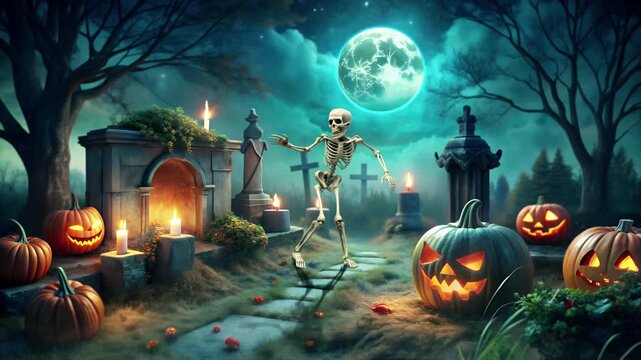 Halloween skeleton in cemetery under full moon with pumpkins. Spooky funny animated video.