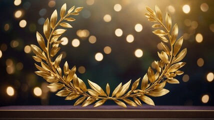 Golden laurel wreath on podium, bokeh background, concept of competition and achievement.