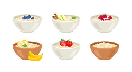 Set of oatmeal bowls with various ingredients. Vector cartoon flat illustration of healthy breakfast.