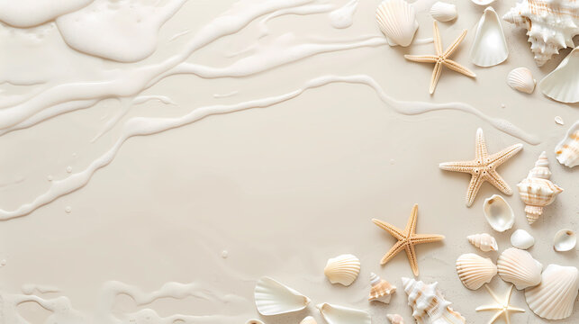 A white beach with small starfish and seashells scattered around，suitable as a banner or header for summer-themed social media posts or holiday event marketing material