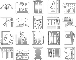 Book And Magazine Press For Read Icons Set Vector. Bookmark Accessory For Reading Encyclopedia And Holy Bible, Diary And Notebook, Educational And Electronic Audio Book Black Contour Illustrations