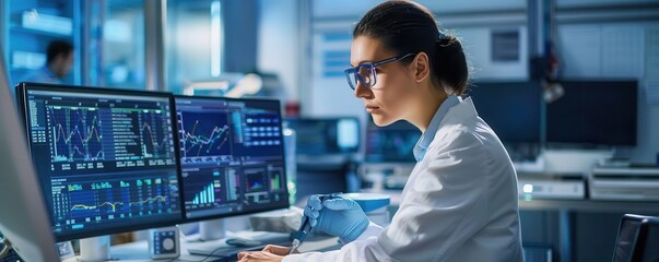 Veteran data analyst extracting insights from big data, hightech lab, focused analysis, copy space for text