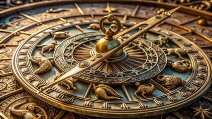 Fototapeta premium Intricate vintage bronze astrological sundial showcases embossed zodiac signs and celestial figures, adorned with delicate engravings, symbolizing ancient astronomical wisdom and mystique.