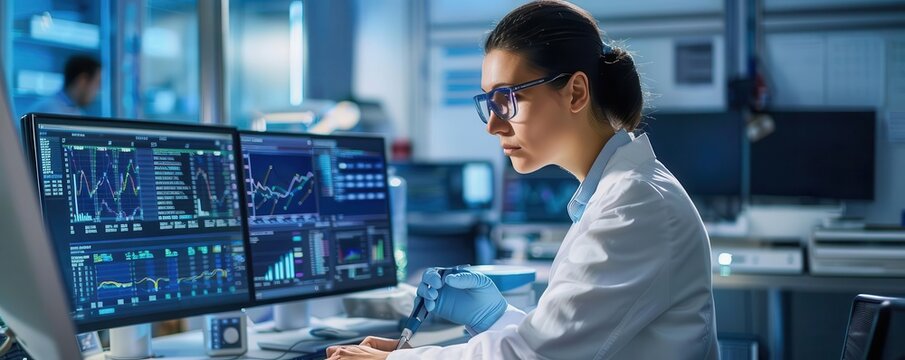 Veteran data analyst extracting insights from big data, hightech lab, focused analysis, copy space for text