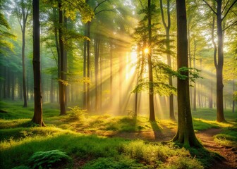 Obraz premium Golden morning sunlight filters through misty veil, illuminating dew-kissed forest floor, tall trees and vibrant green foliage in serene and peaceful spring landscape.
