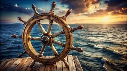 Rustic, vintage ship steering wheel with worn brass details, mounted on a distressed wooden backing, against a blurred background of open ocean sea horizon.