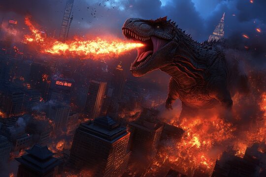 A monstrous dinosaur breathes fire as it towers over a blazing cityscape, creating a dramatic representation of chaos, destruction, and unbridled fury.
