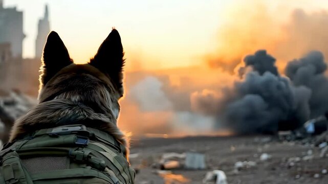 Military working dog wearing uniform and bulletproof vest with explosions and smoke on background. Rescue dog looking for injured people in ruins after war. Police, guard, security dogs profession