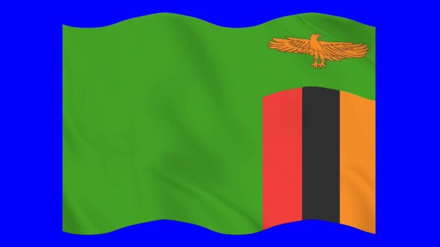Dynamic Zambia flag waving isolated on blue chroma key screen background. Wavy flag of Zambia