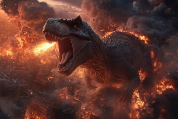 Obraz premium A ferocious dinosaur roars amidst fiery destruction in the city, creating a powerful depiction of chaos and terror against the backdrop of flames and smoke.