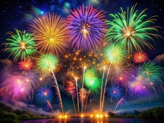 Vibrant colored fireworks burst in the dark night sky, illuminating the stars with radiant hues of pink, green, blue, and yellow, filling the atmosphere with magic.