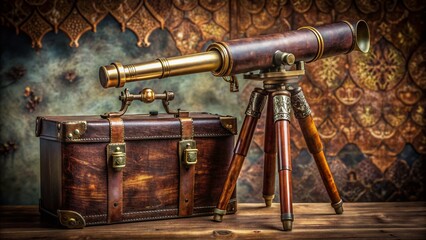 Vintage antique brass telescope with intricate engravings and ornate details sits atop a weathered wooden tripod on a worn leather-bound case backdrop.