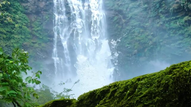 Water rushes over rocky ledges, creating a misty spray as it tumbles down, surrounded by vibrant foliage and a serene atmosphere