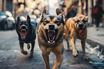 Uncontrolled barking dogs on the street, posing a potential threat to pedestrians.