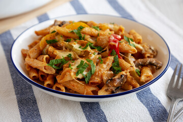 Homemade Fajita Pasta Bake on a Plate, side view.