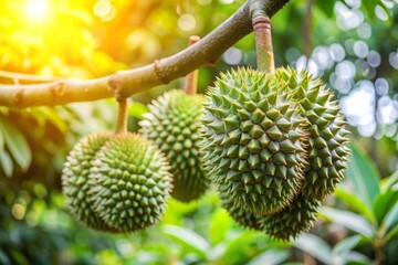 Fototapeta premium Ripe Durian Fruit Hanging on Tree Branch in Sunlight.