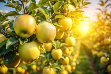 Ripe Golden Apples on Tree Branch in Orchard.
