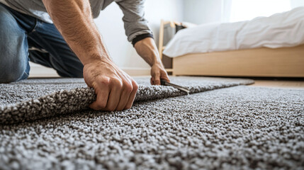 close-up of  a professional installing new carpet in a cozy bedroom, home rug renovation