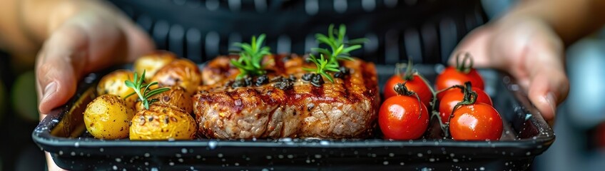 Modern food stylist decorating meals for presentation in restaurants. Closeup of food stylish. Restaurant serving. Close-up on the hand of a waiter carrying food