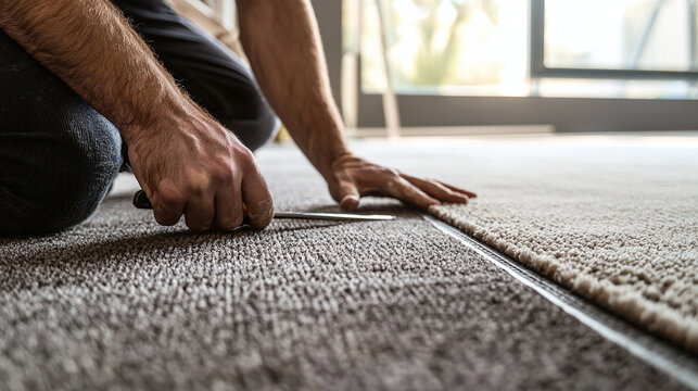 close-up of  a professional installing new carpet in a cozy bedroom, home rug renovation