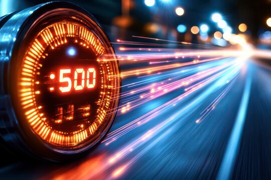 A digital speedometer showing 500 km/h, with vibrant light trails indicating high speed. - Powered by Adobe